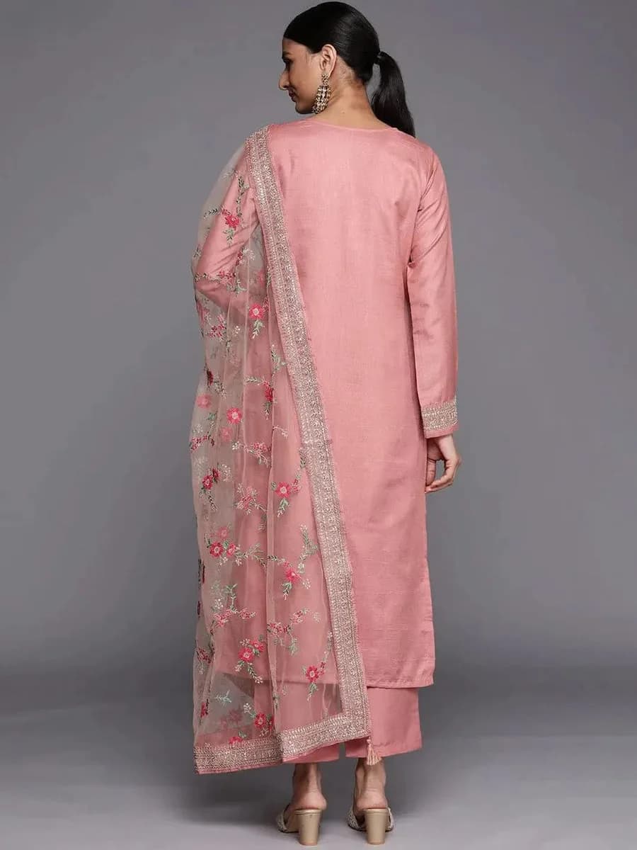 Libas Peach Self Design Silk Blend Straight Kurta With Dupatta — 2