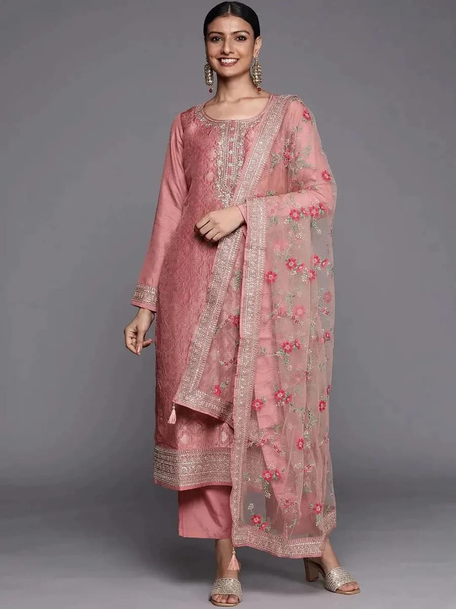 Libas Peach Self Design Silk Blend Straight Kurta With Dupatta — 4