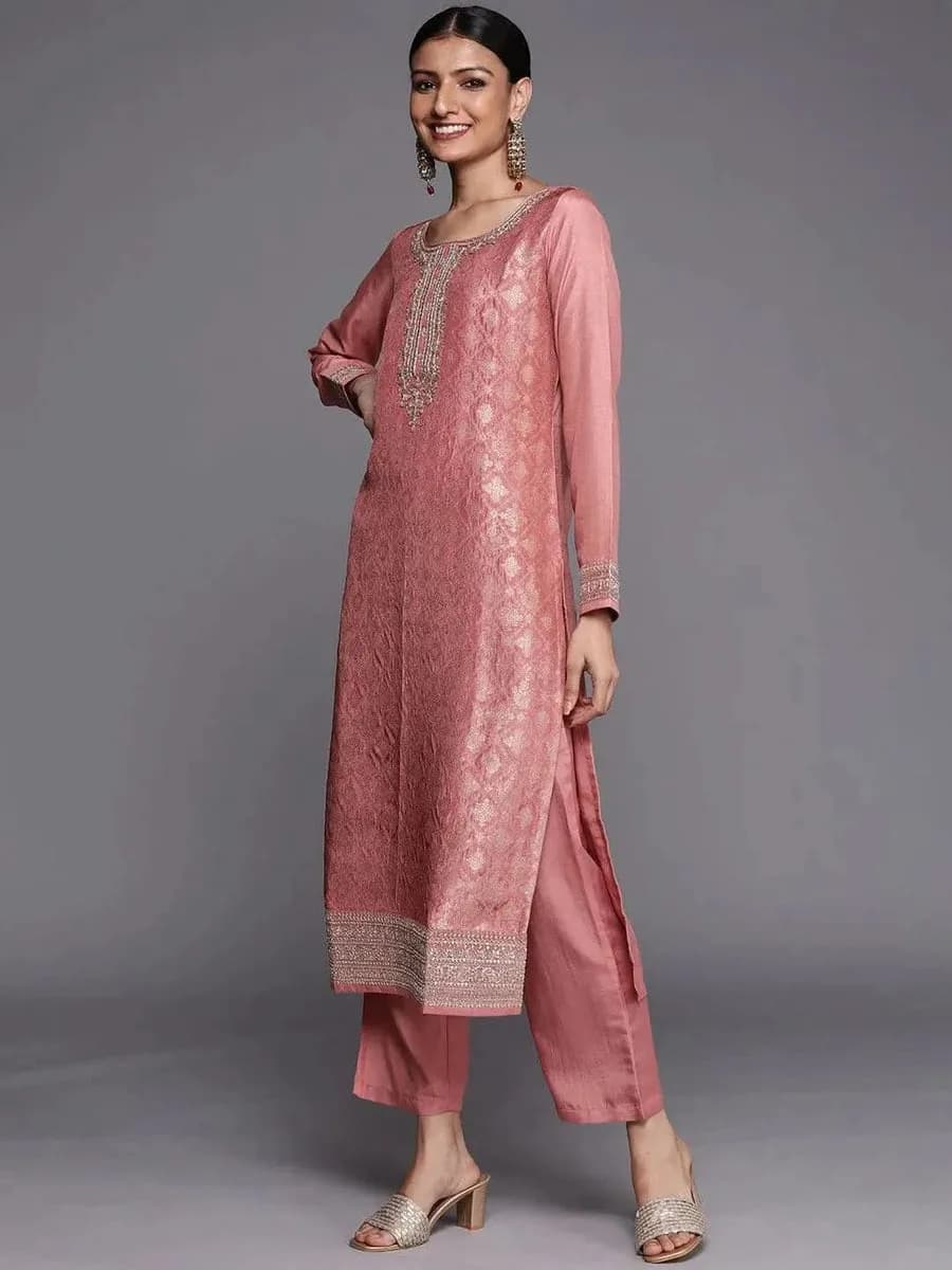Libas Peach Self Design Silk Blend Straight Kurta With Dupatta — 5