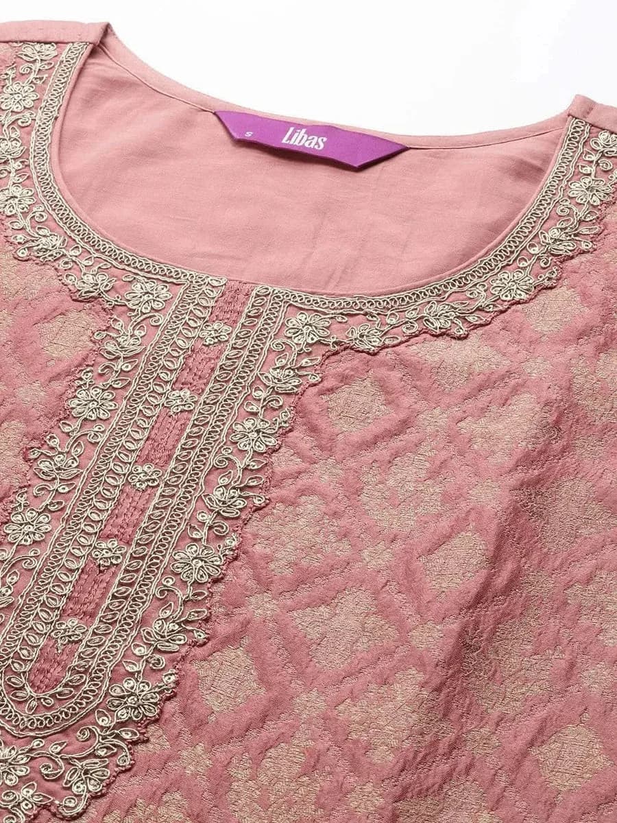 Libas Peach Self Design Silk Blend Straight Kurta With Dupatta — 6