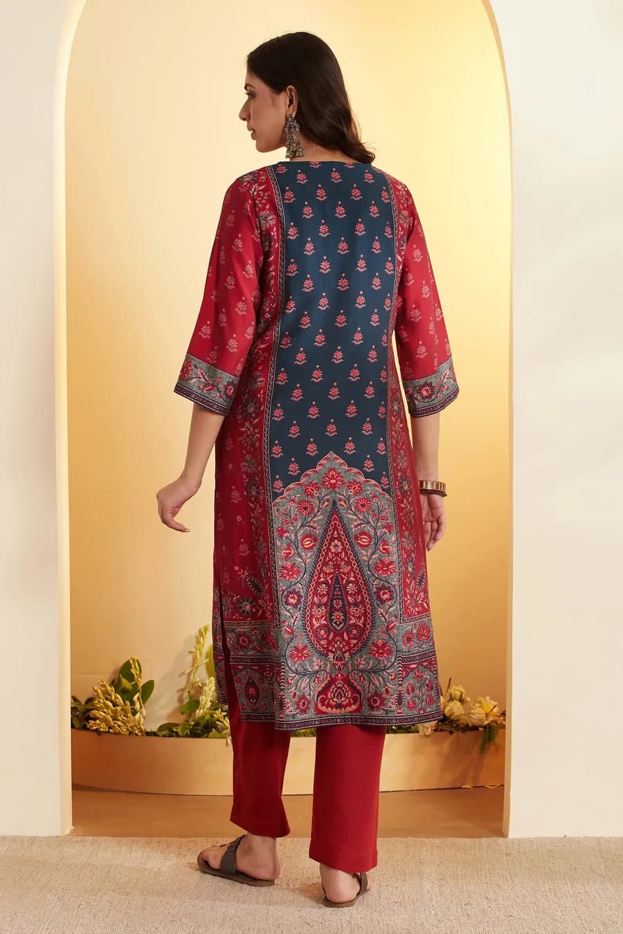 Maroon & Teal Printed Straight Cotton Silk Kurta Set — 2