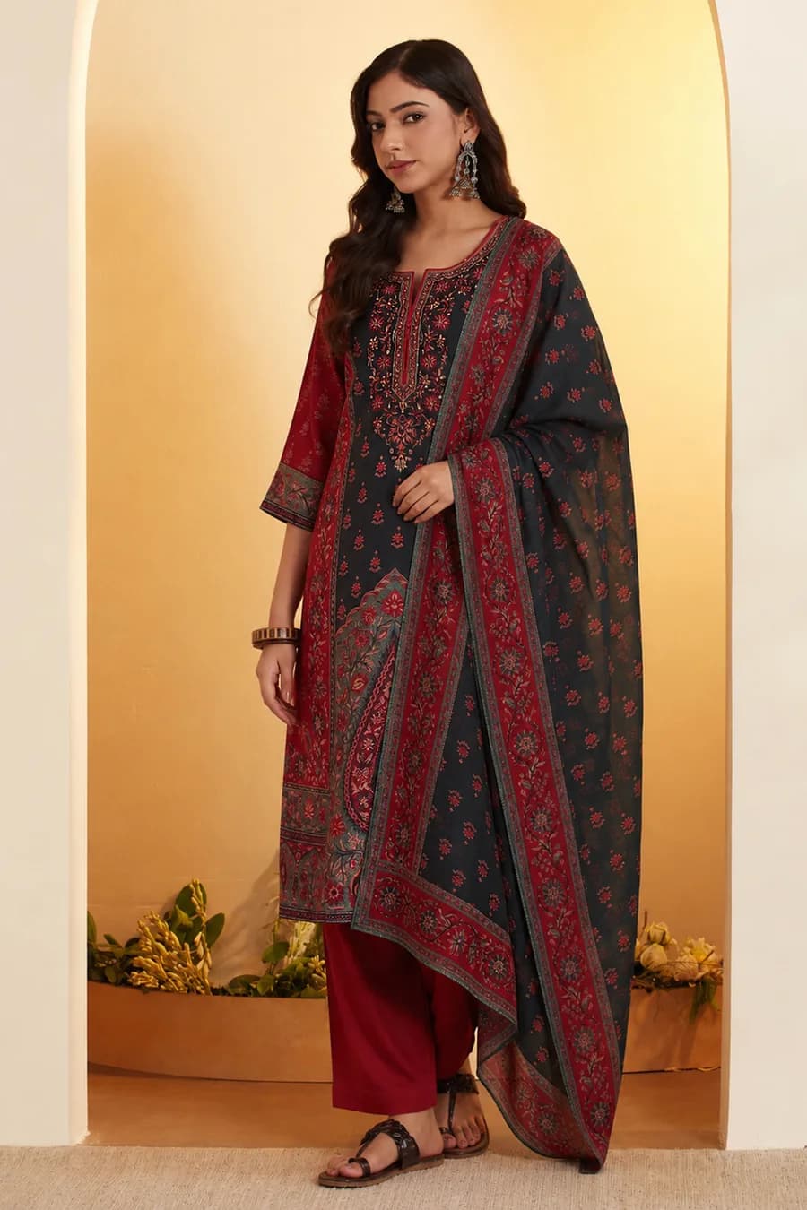 Maroon & Teal Printed Straight Cotton Silk Kurta Set