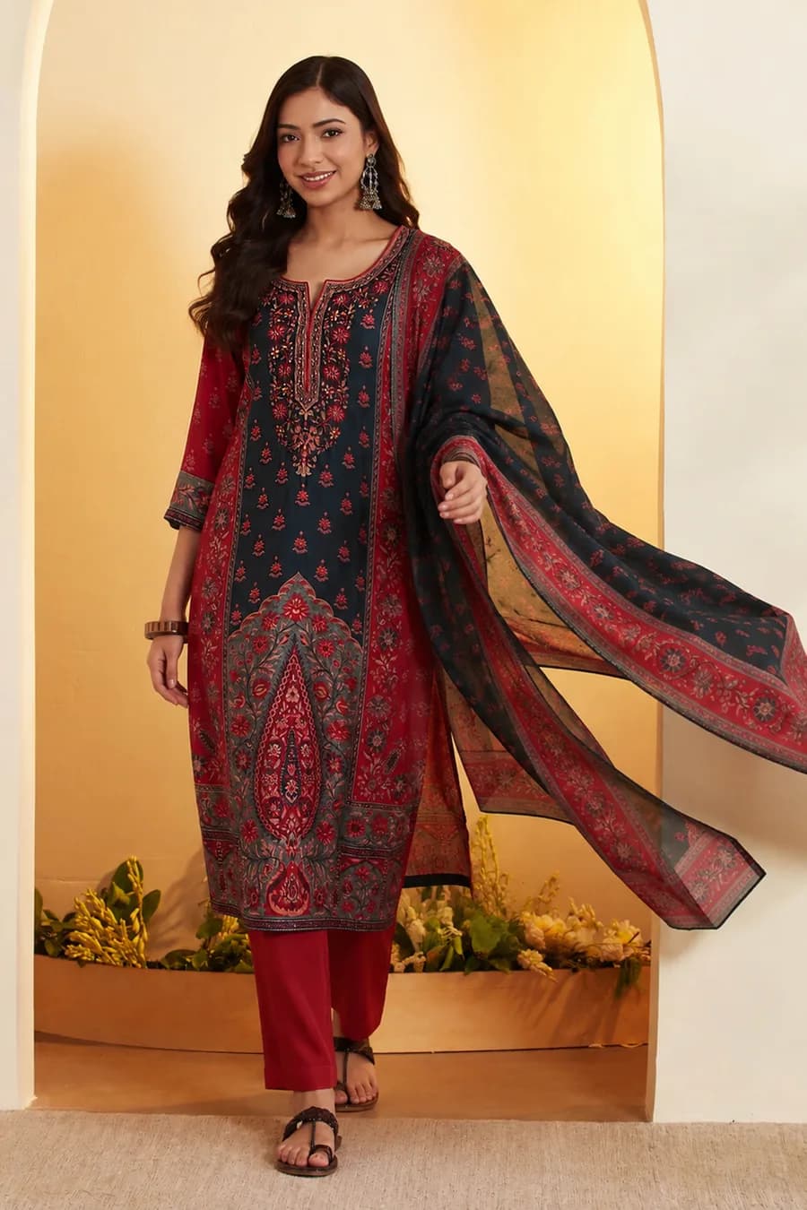 Maroon & Teal Printed Straight Cotton Silk Kurta Set — 3