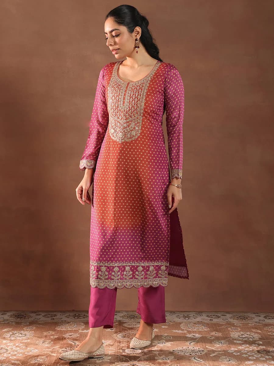 Libas Pink Printed Silk Blend Straight Suit With Dupatta — 3
