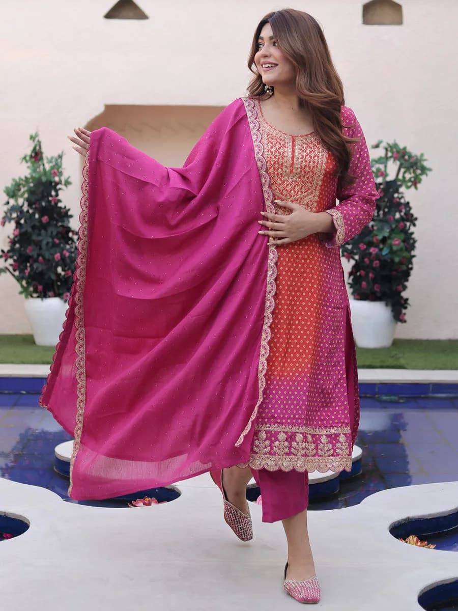 Libas Pink Printed Silk Blend Straight Suit With Dupatta
