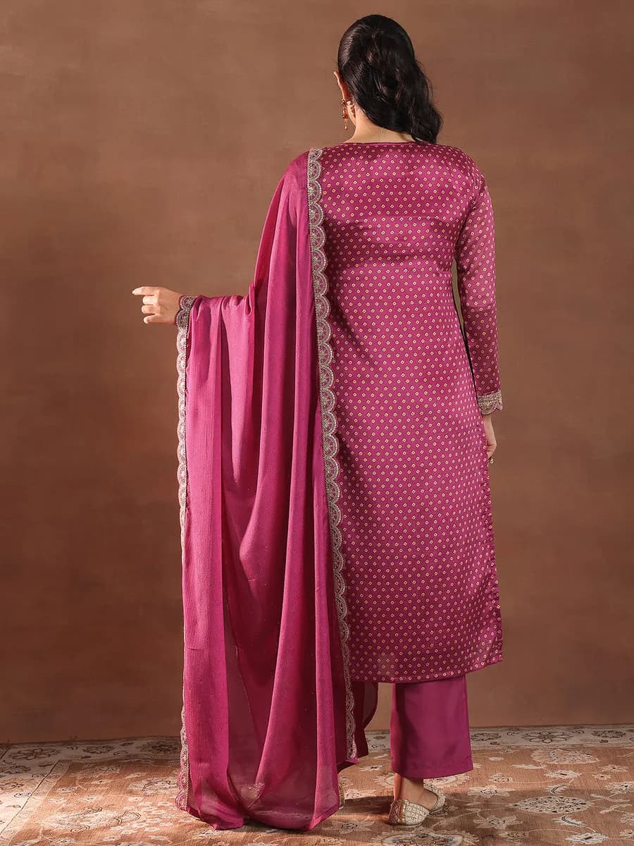 Libas Pink Printed Silk Blend Straight Suit With Dupatta — 2
