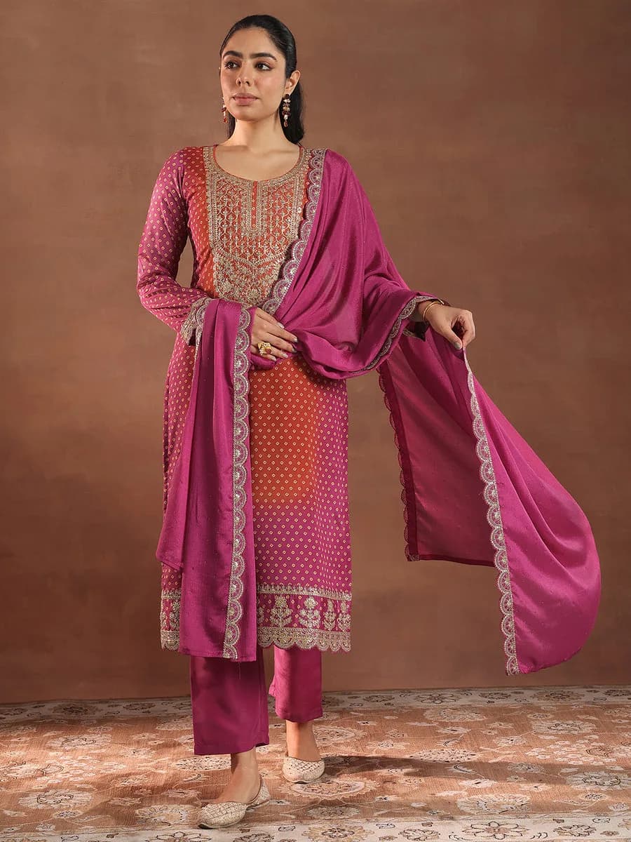 Libas Pink Printed Silk Blend Straight Suit With Dupatta — 4