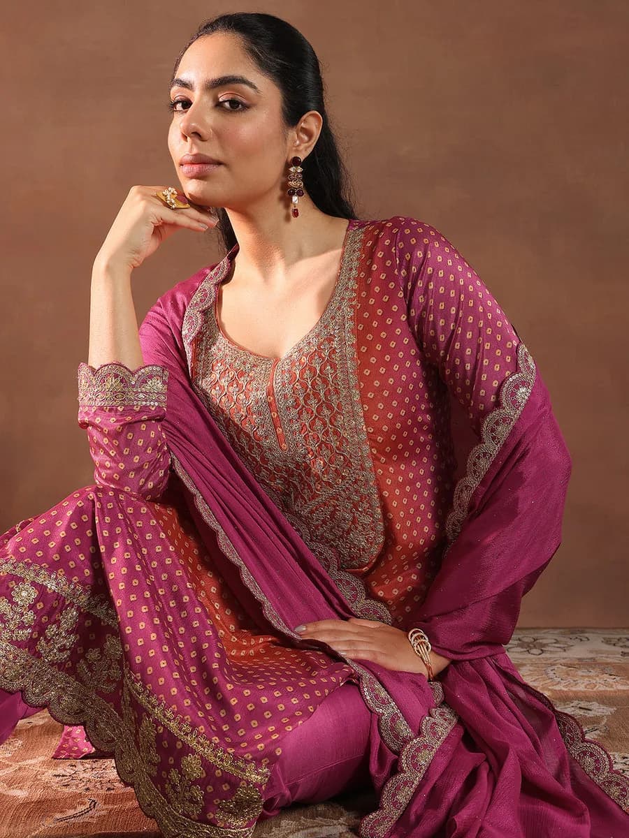 Libas Pink Printed Silk Blend Straight Suit With Dupatta — 5