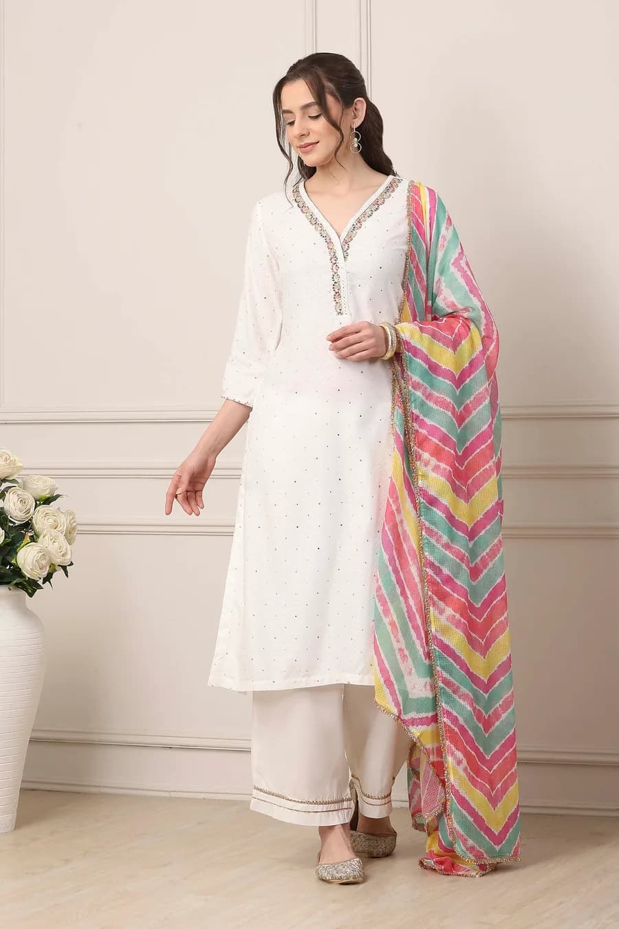 White & Pink Yoke Design Straight Suit Set