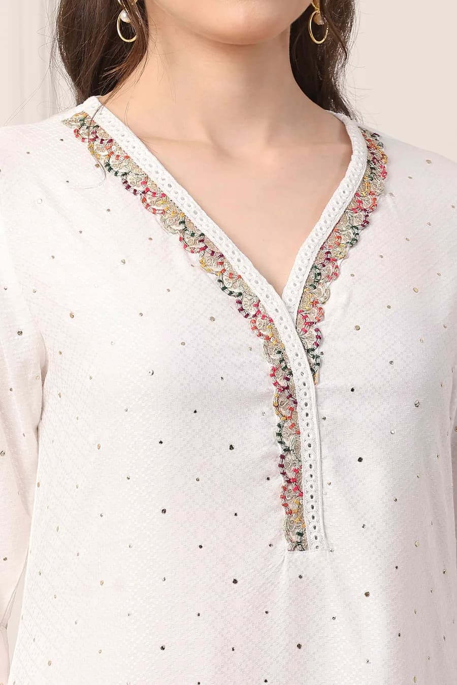White & Pink Yoke Design Straight Suit Set — 5