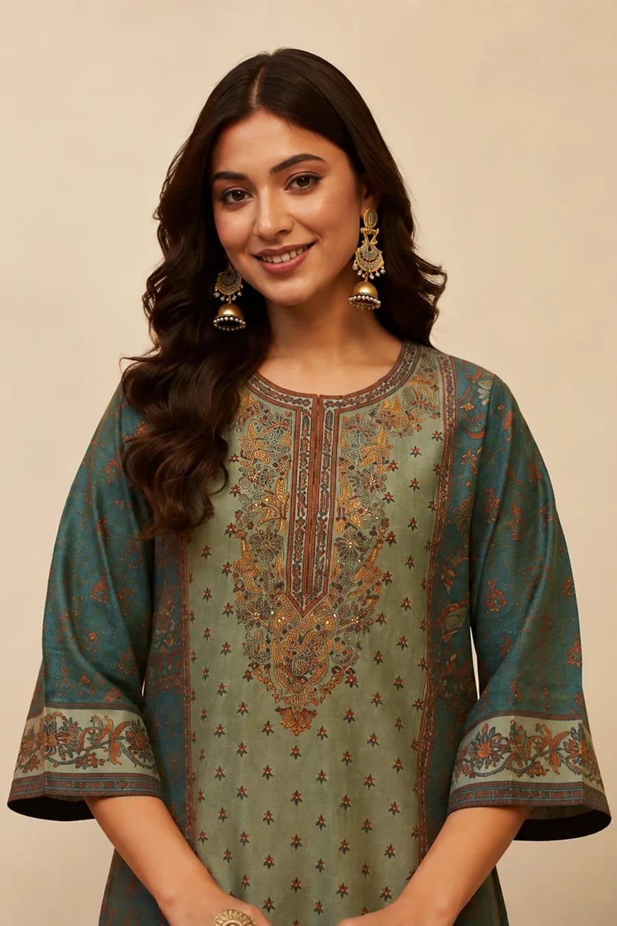 Teal Green Viscose Blend Printed Straight Kurta Set