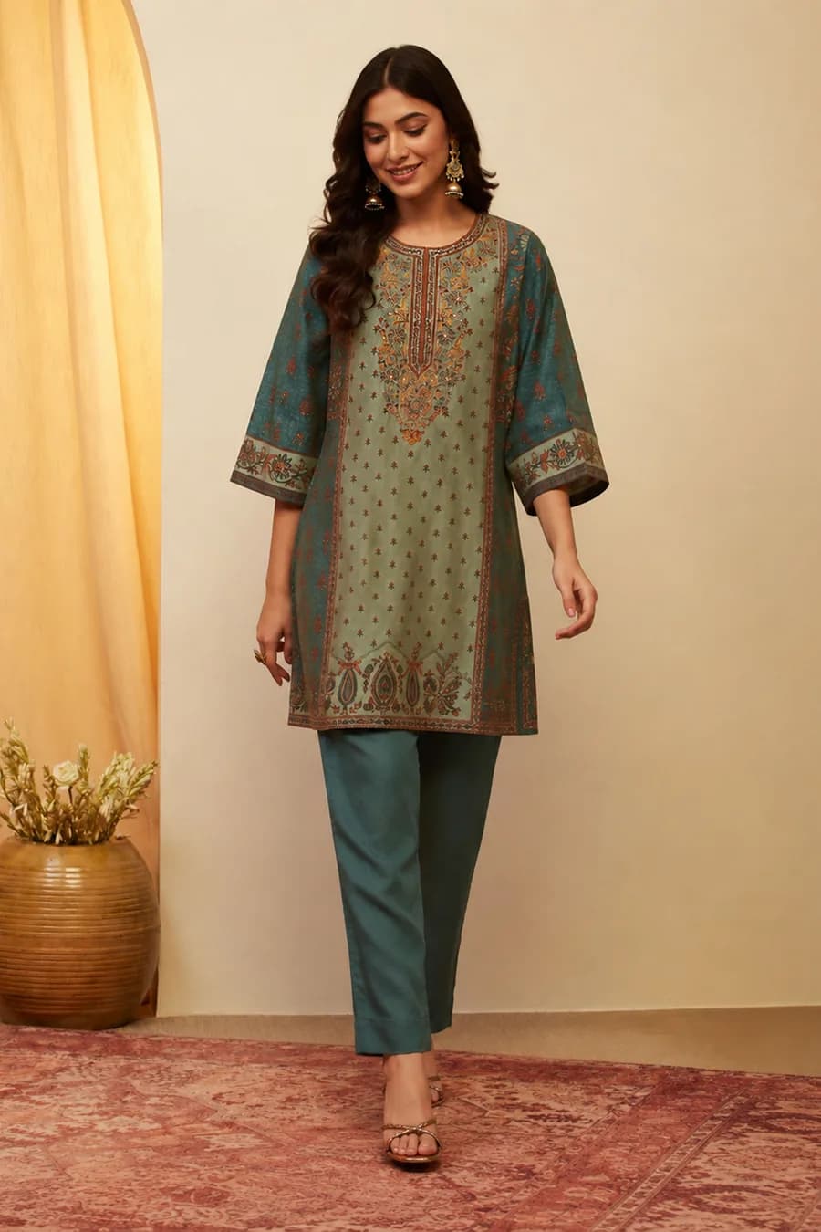 Teal Green Viscose Blend Printed Straight Kurta Set — 5