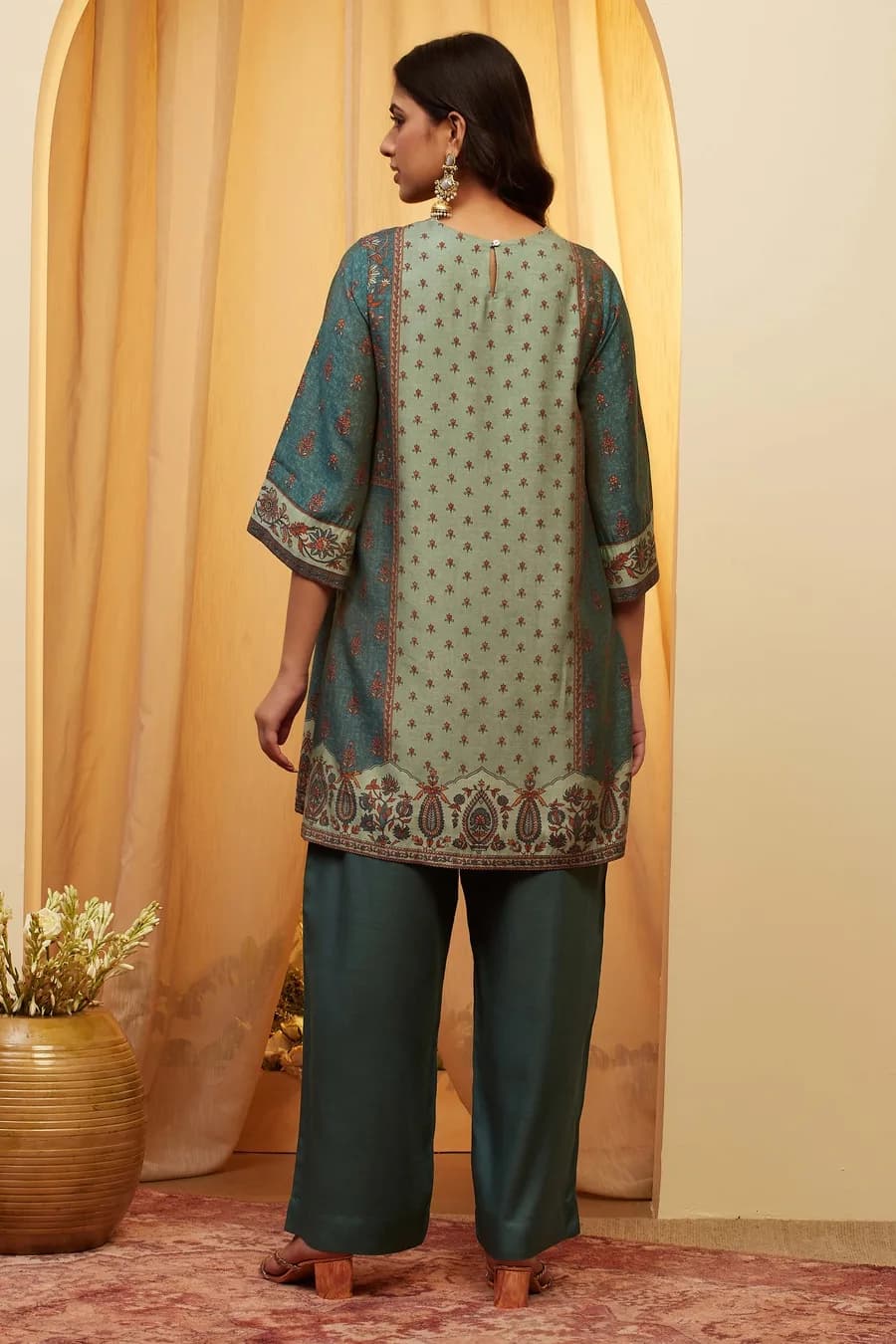 Teal Green Viscose Blend Printed Straight Kurta Set — 2