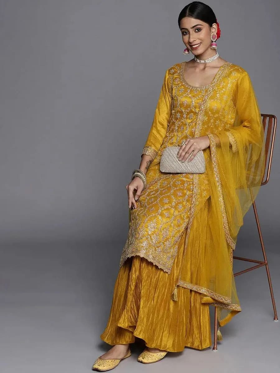 Libas Mustard Embroidered Silk Blend Pakistani Suit — 3