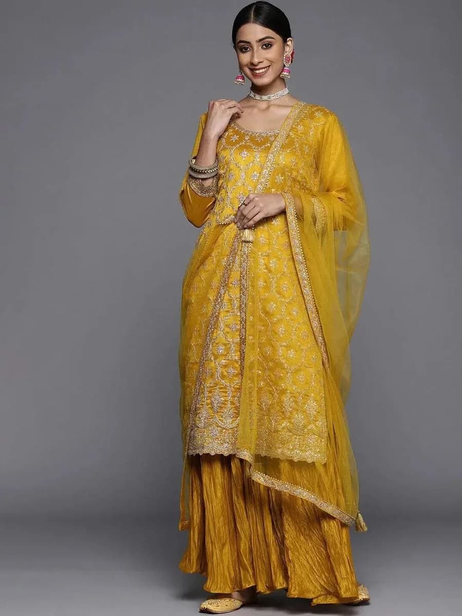 Libas Mustard Embroidered Silk Blend Pakistani Suit — 4
