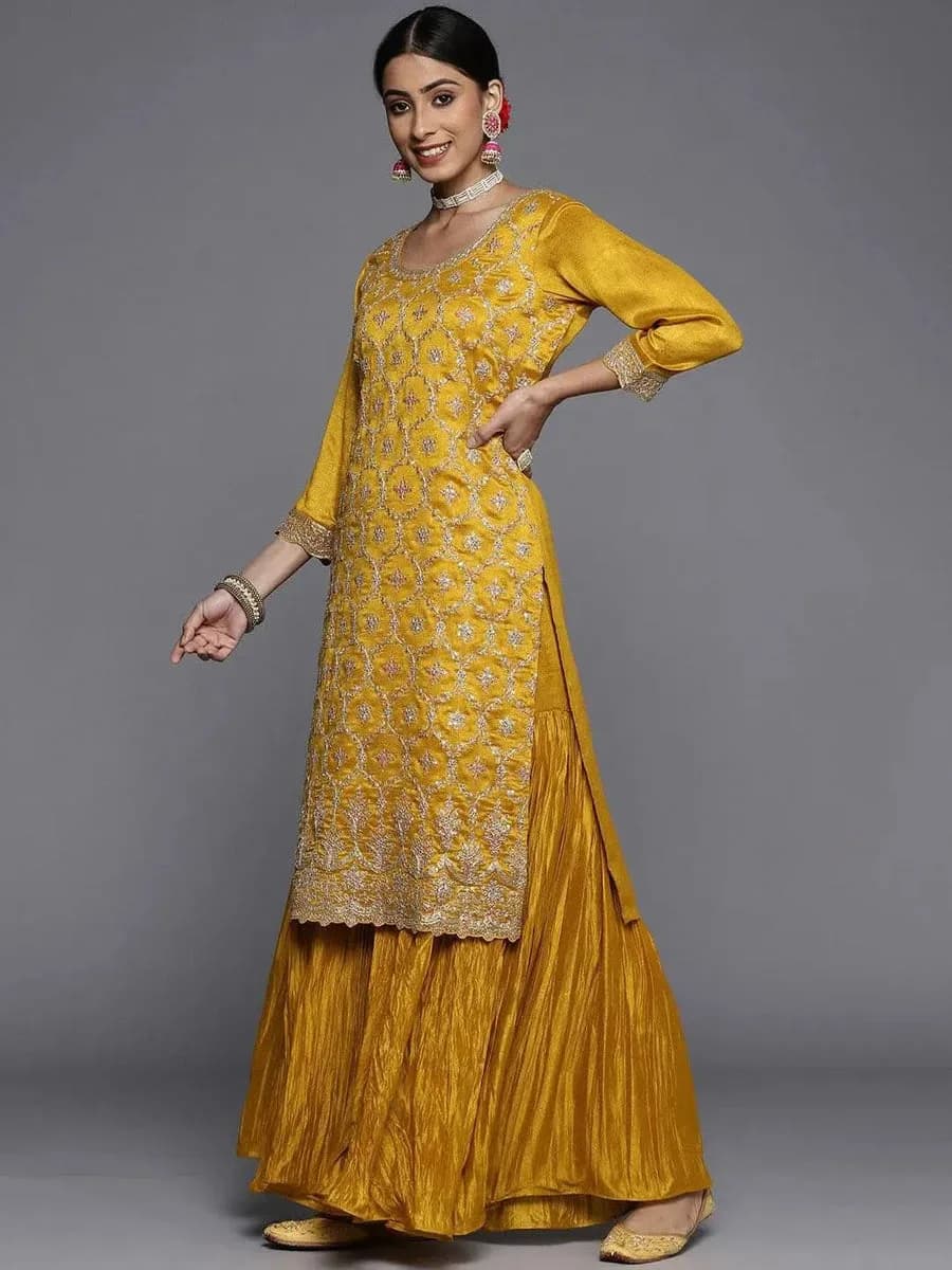 Libas Mustard Embroidered Silk Blend Pakistani Suit — 5