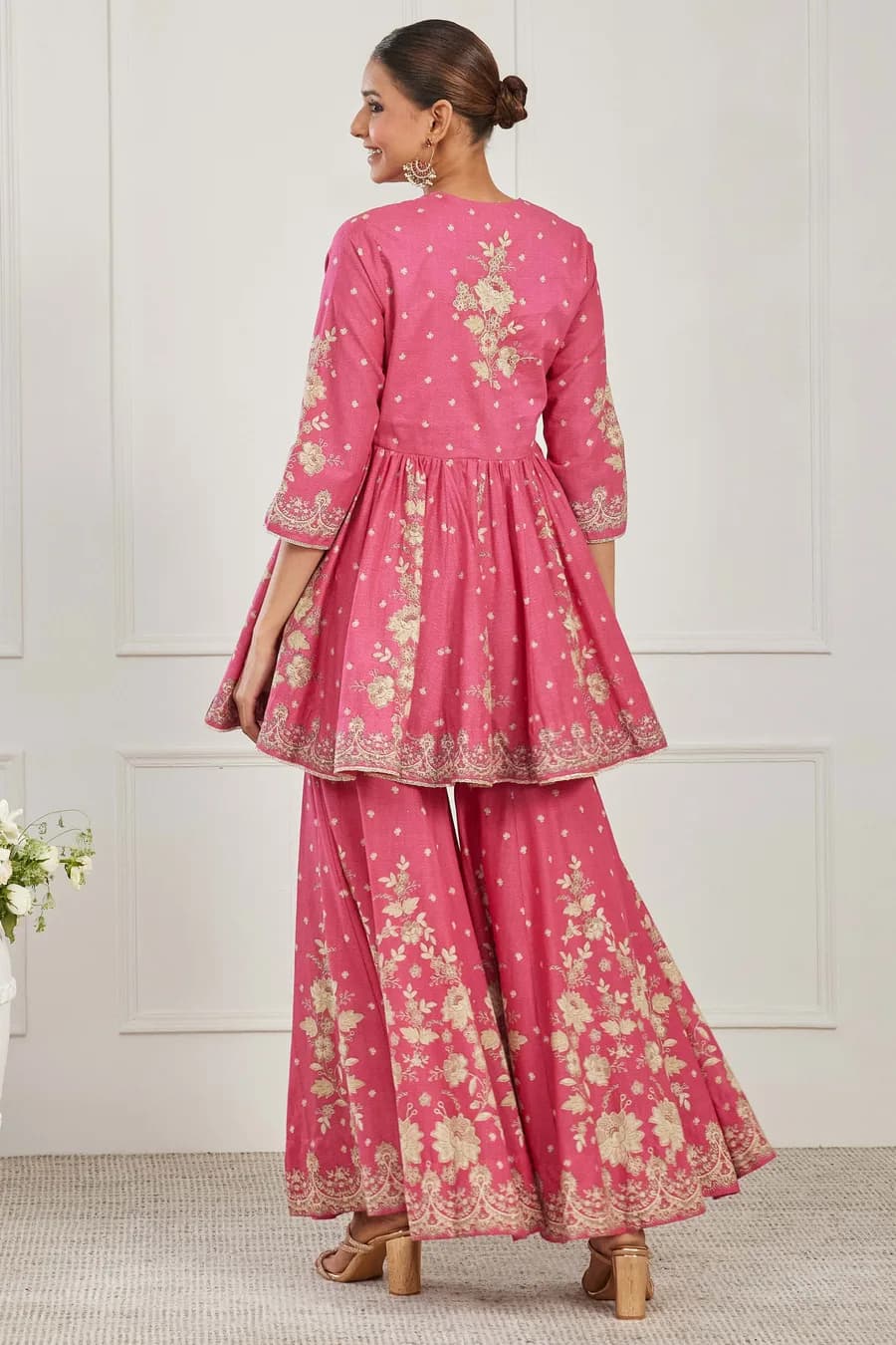 Pink Cotton Floral Embroidered Garara Kurta Set — 3