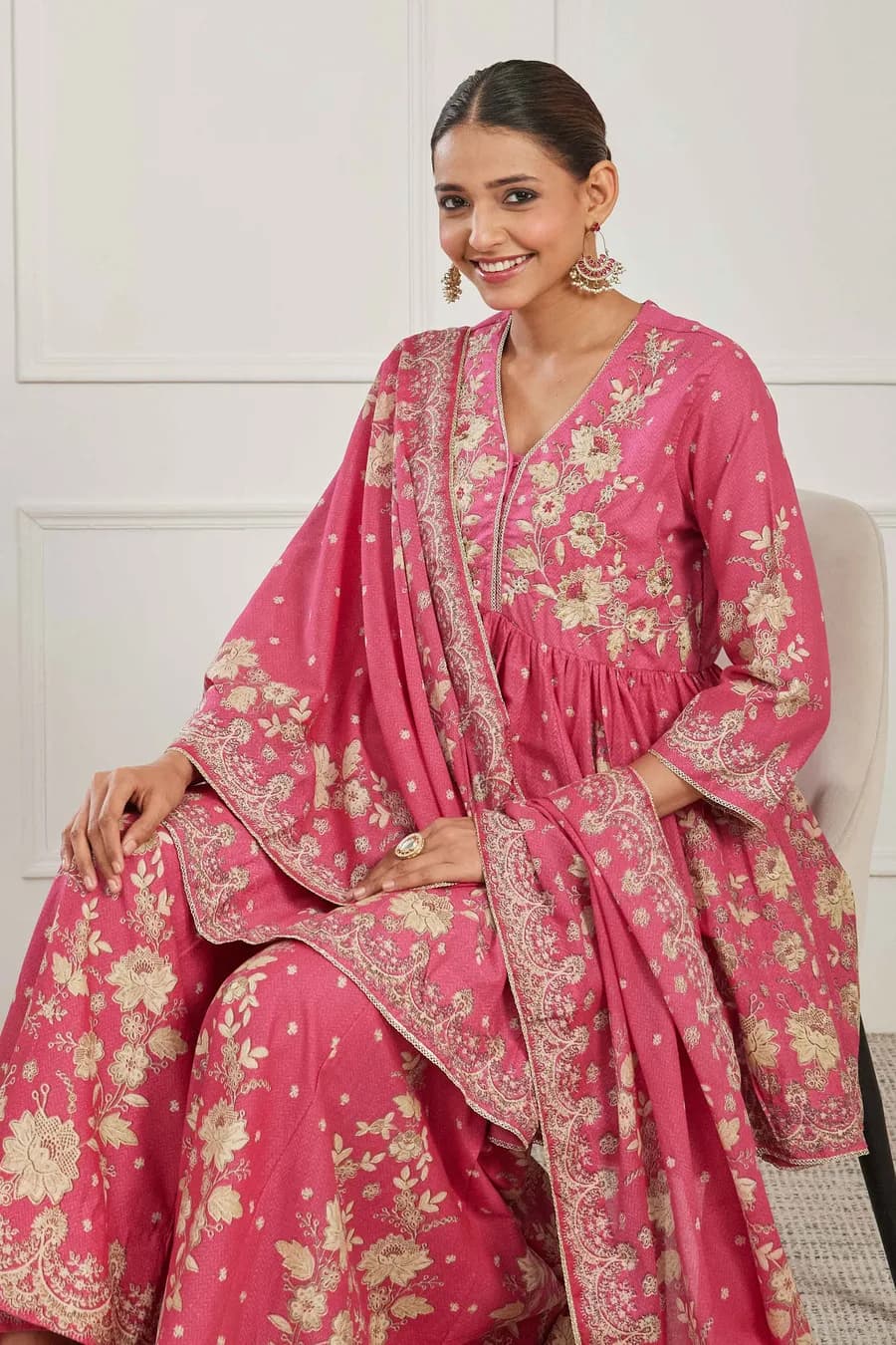 Pink Cotton Floral Embroidered Garara Kurta Set — 8