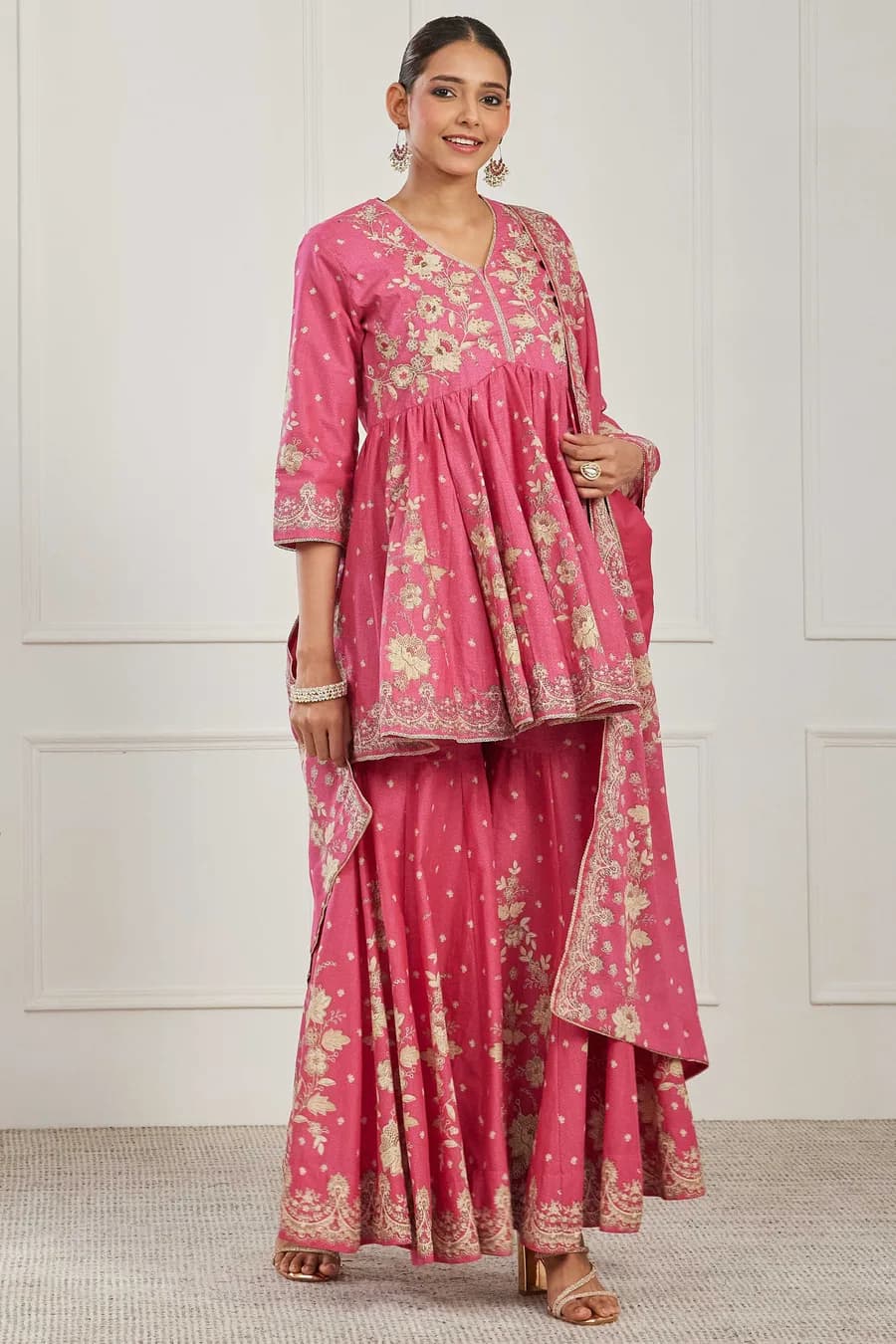 Pink Cotton Floral Embroidered Garara Kurta Set — 2