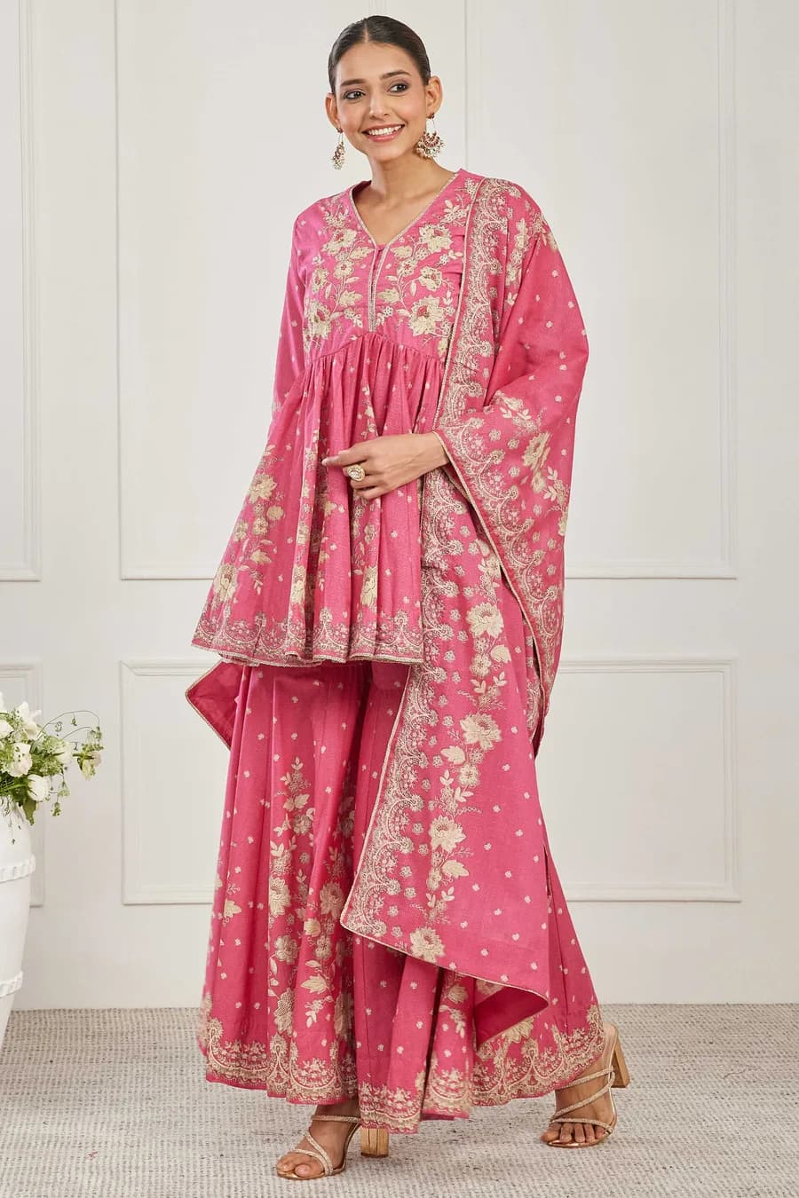 Pink Cotton Floral Embroidered Garara Kurta Set — 5