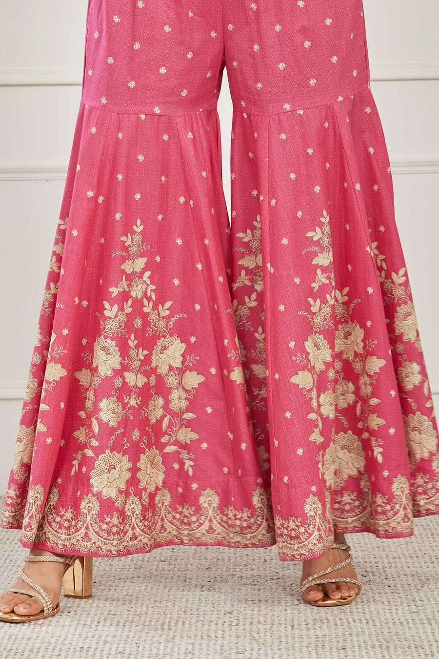 Pink Cotton Floral Embroidered Garara Kurta Set — 6