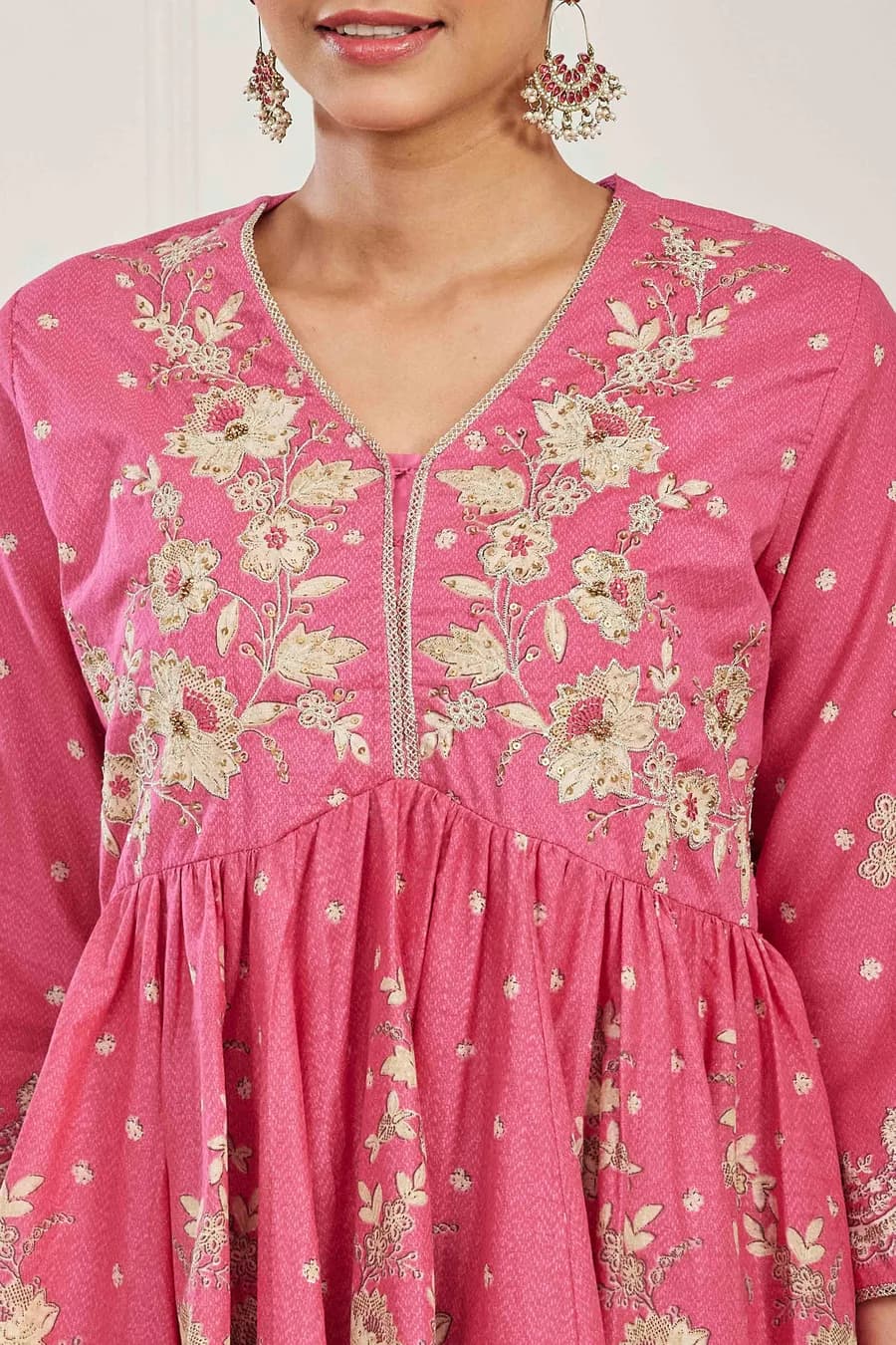 Pink Cotton Floral Embroidered Garara Kurta Set — 7