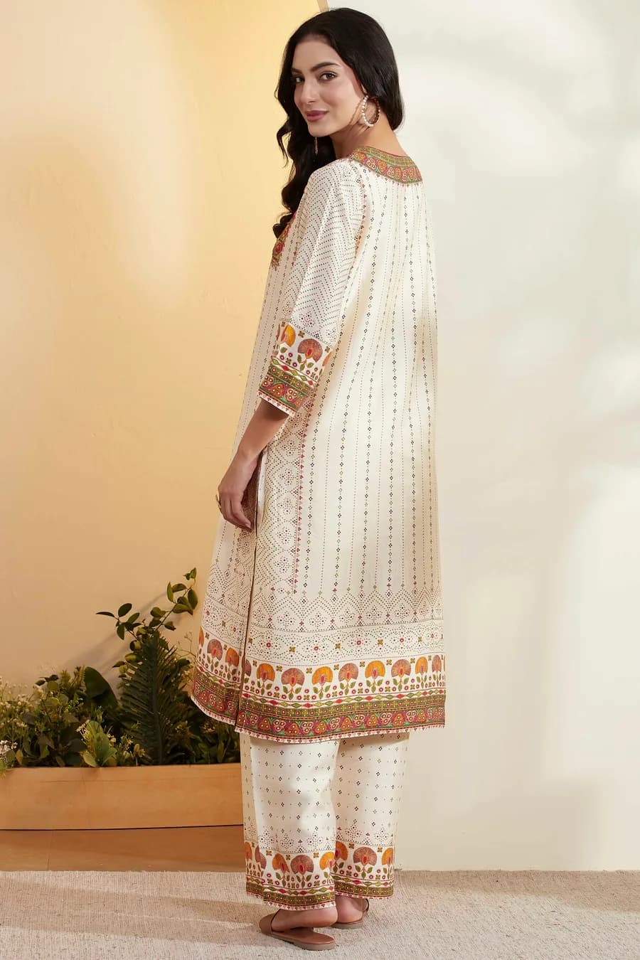 Off-White Viscose Rayon Printed Straight Kurta Set — 3
