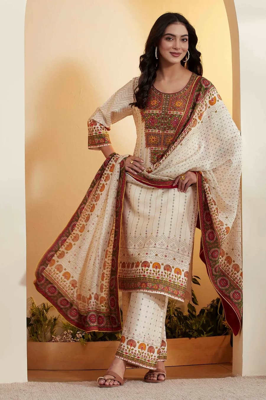Off-White Viscose Rayon Printed Straight Kurta Set