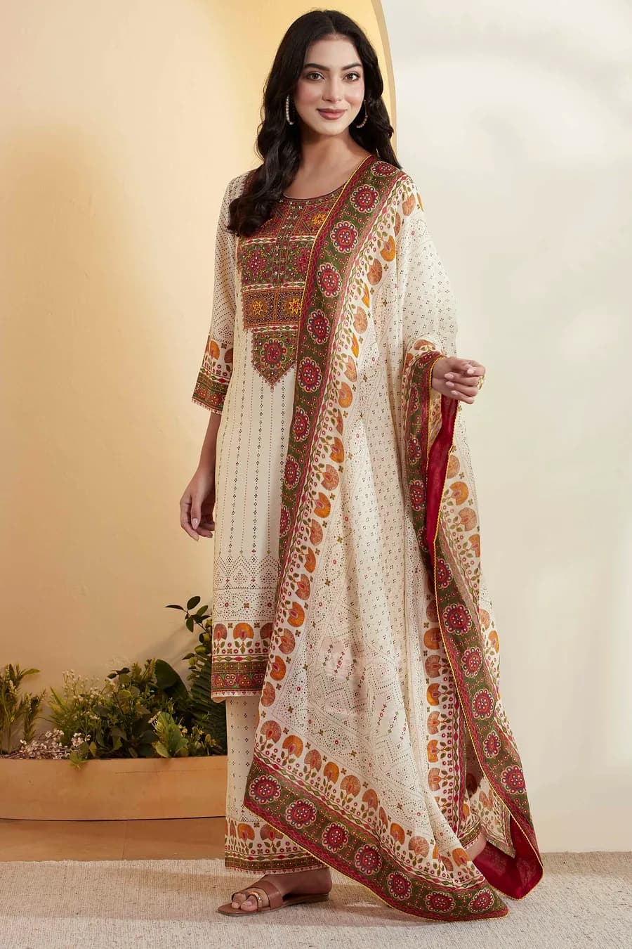 Off-White Viscose Rayon Printed Straight Kurta Set — 6