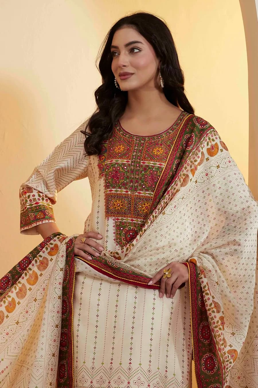 Off-White Viscose Rayon Printed Straight Kurta Set — 4