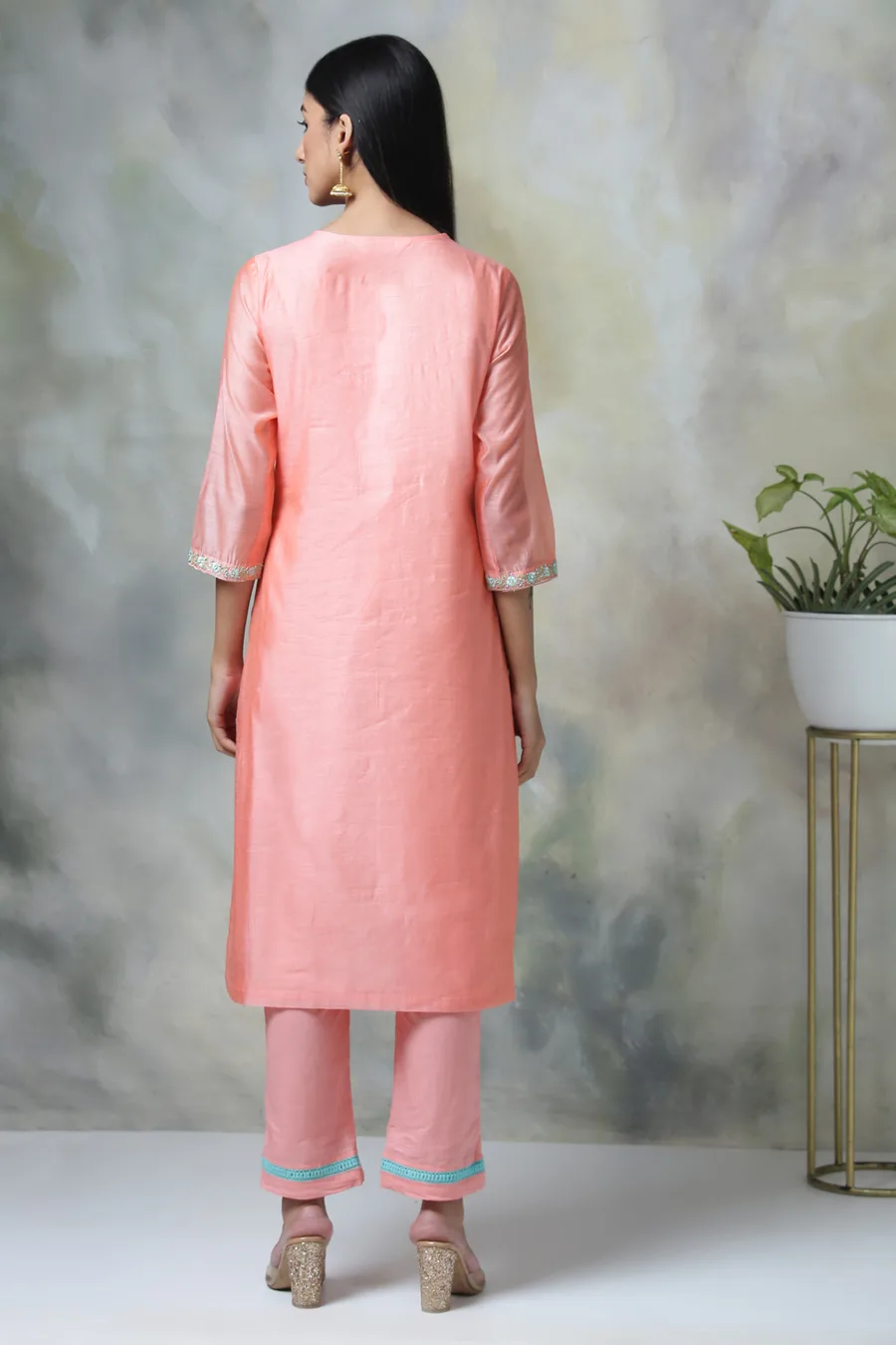 Peach Art Silk A-Line Kurta Regular Pant Suit Set — 2