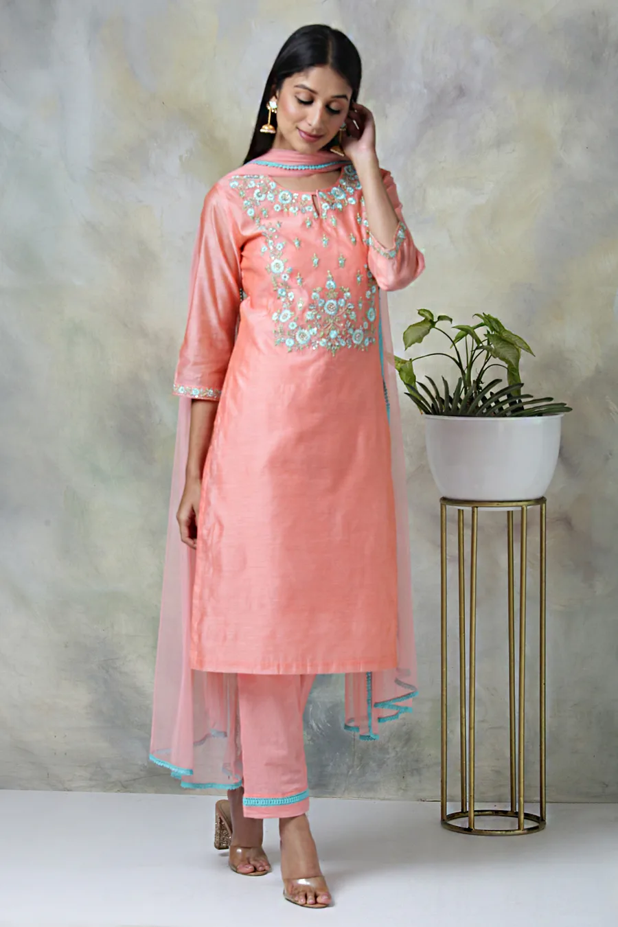 Peach Art Silk A-Line Kurta Regular Pant Suit Set