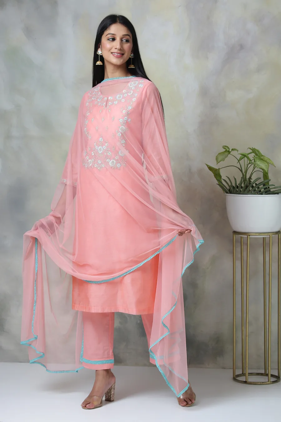 Peach Art Silk A-Line Kurta Regular Pant Suit Set — 5