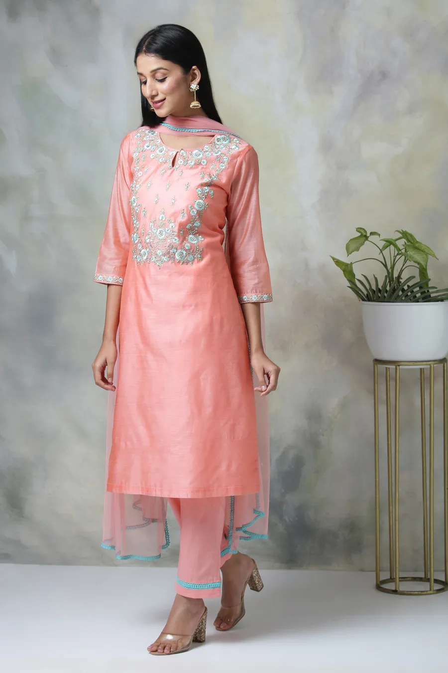 Peach Art Silk A-Line Kurta Regular Pant Suit Set — 6