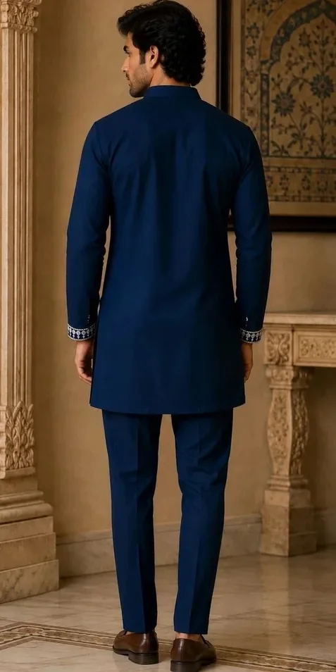 House of Pataudi Men Ethnic Motifs  Embroidered Regular Thread Work Kurta with Trousers — 2