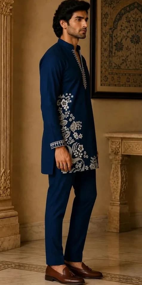House of Pataudi Men Ethnic Motifs  Embroidered Regular Thread Work Kurta with Trousers — 3