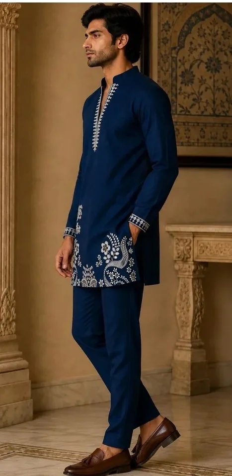 House of Pataudi Men Ethnic Motifs  Embroidered Regular Thread Work Kurta with Trousers — 4