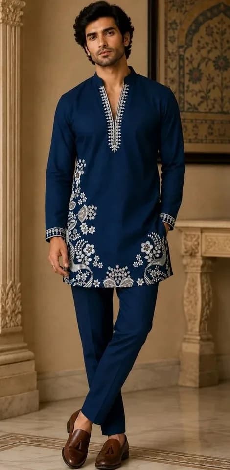 House of Pataudi Men Ethnic Motifs  Embroidered Regular Thread Work Kurta with Trousers