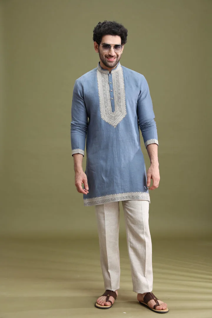 Blue Linen Short Kurta Set for Men with Aligarhi & Dori Embroidery — 3