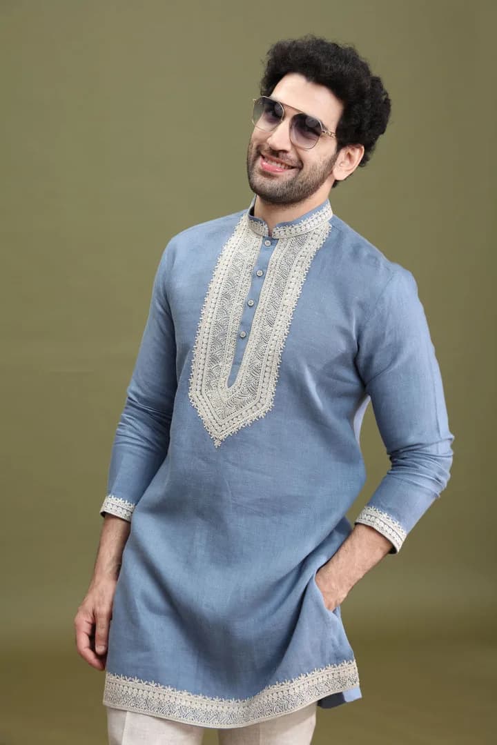 Blue Linen Short Kurta Set for Men with Aligarhi & Dori Embroidery — 2