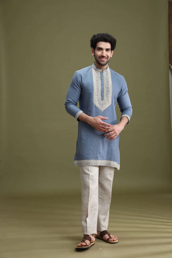 Blue Linen Short Kurta Set for Men with Aligarhi & Dori Embroidery
