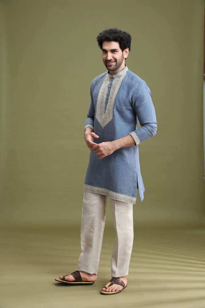 Blue Linen Short Kurta Set for Men with Aligarhi & Dori Embroidery — 4