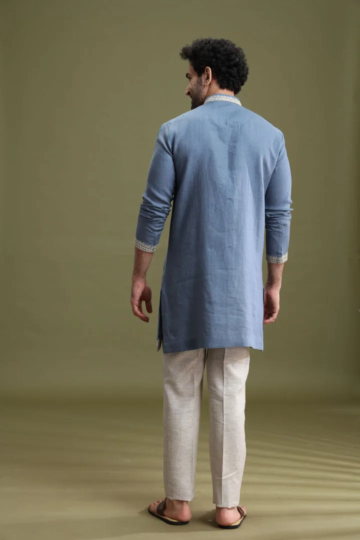 Blue Linen Short Kurta Set for Men with Aligarhi & Dori Embroidery — 5