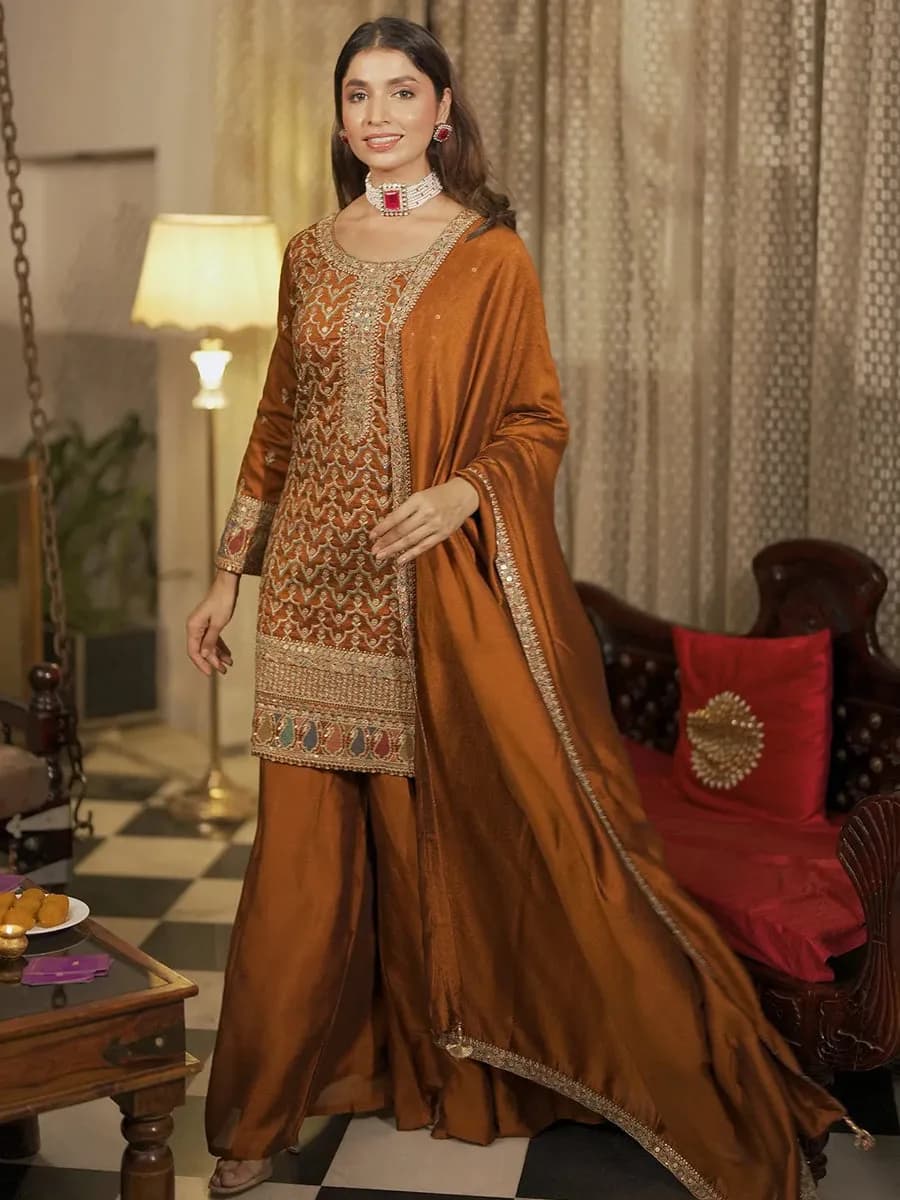 Libas Adaa Rust Embroidered Silk Blend Straight Kurta With Palazzos & Dupatta