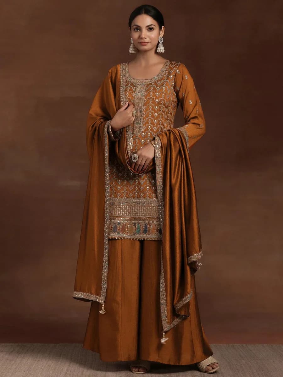 Libas Adaa Rust Embroidered Silk Blend Straight Kurta With Palazzos & Dupatta — 4