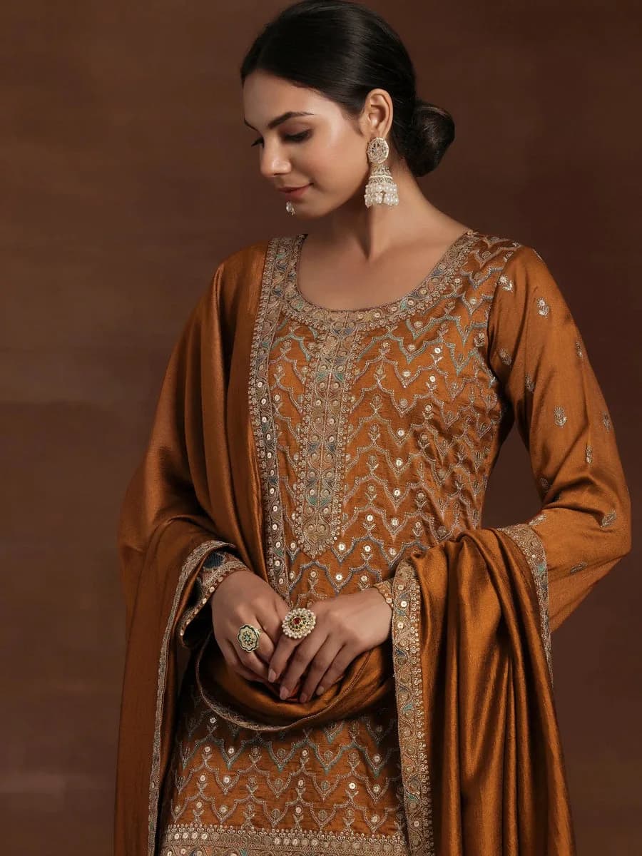 Libas Adaa Rust Embroidered Silk Blend Straight Kurta With Palazzos & Dupatta — 6