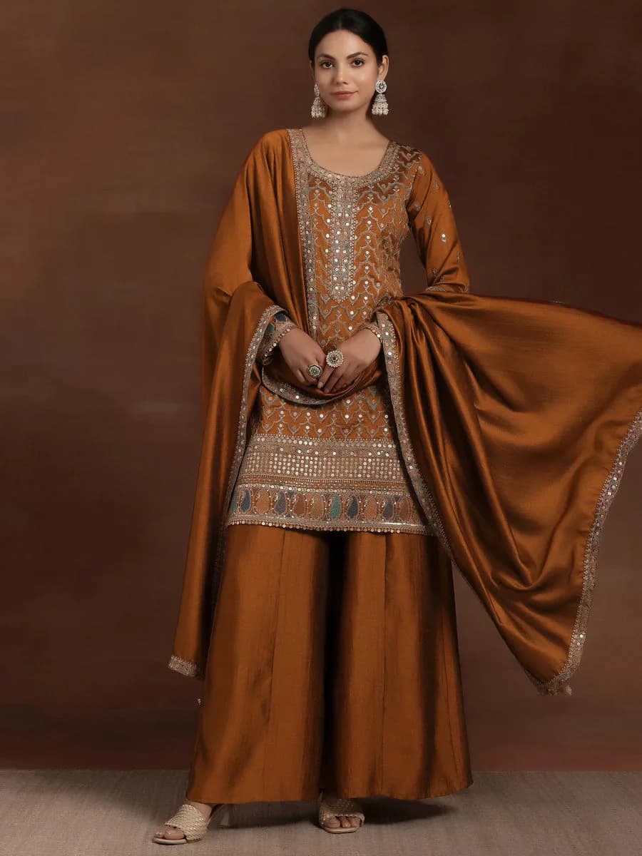 Libas Adaa Rust Embroidered Silk Blend Straight Kurta With Palazzos & Dupatta — 9