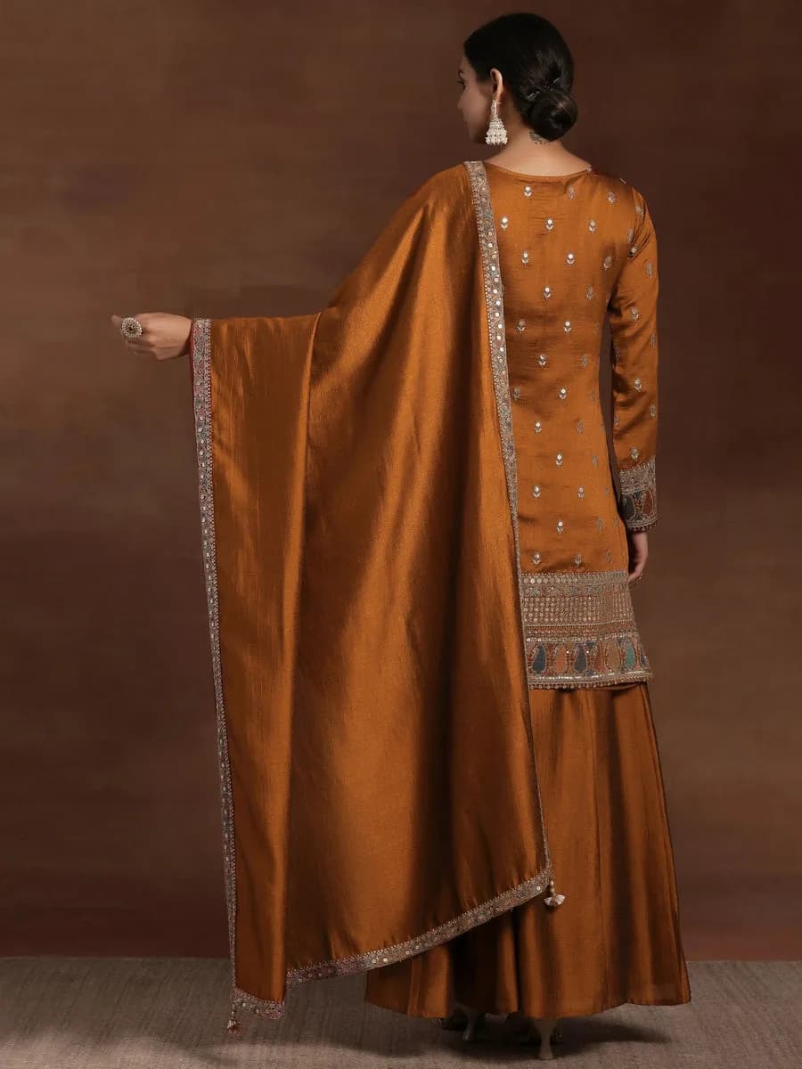 Libas Adaa Rust Embroidered Silk Blend Straight Kurta With Palazzos & Dupatta — 2