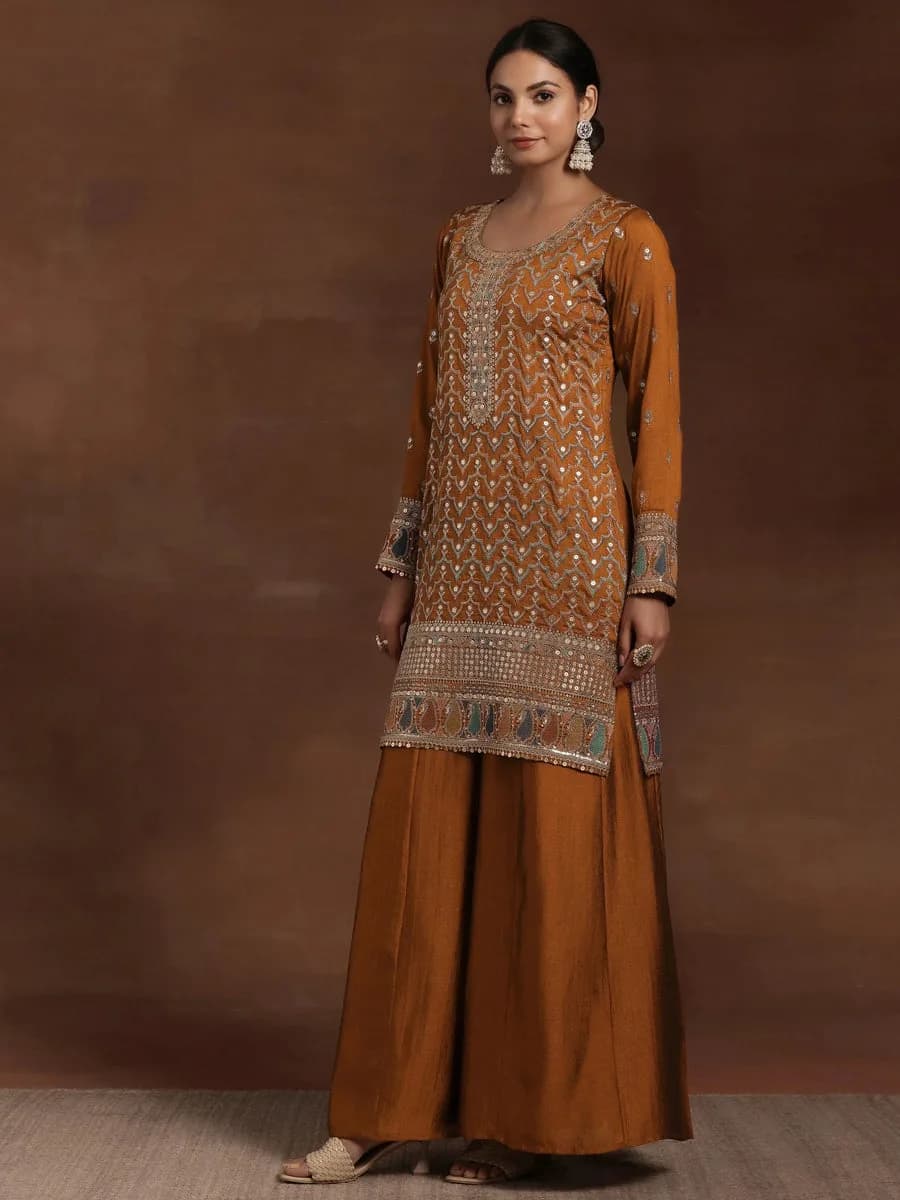Libas Adaa Rust Embroidered Silk Blend Straight Kurta With Palazzos & Dupatta — 3