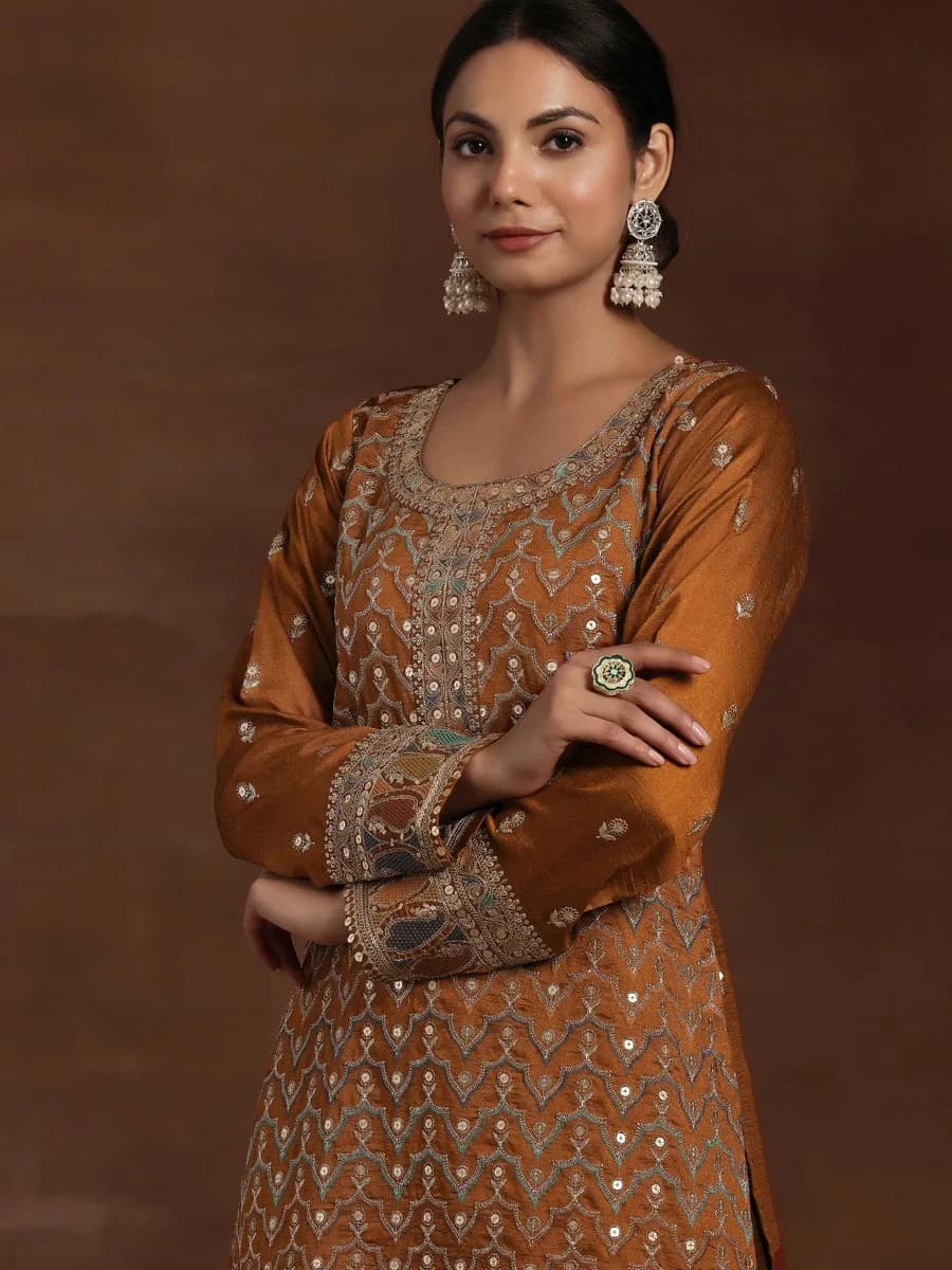 Libas Adaa Rust Embroidered Silk Blend Straight Kurta With Palazzos & Dupatta — 5
